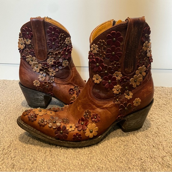 Old Gringo Hippy Dance Boots Burnished Leather 3D Appliquéd Studded Flowers 7.5B - Picture 2 of 16